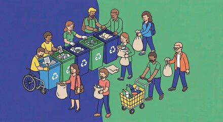Diverse group of people actively participating in recycling and waste management activities.