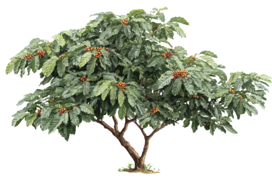 Coffee tree isolated on transparent background full of coffee beans illustration