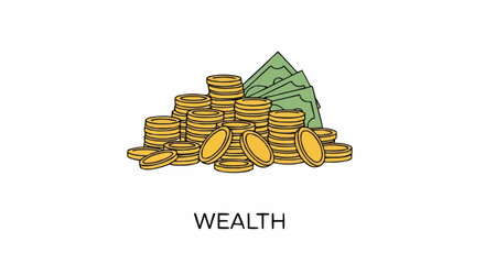 Pile of gold coins and banknotes representing wealth and financial success. © HENI