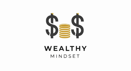 Wealthy Mindset Logo with Dollar Signs and Gold Coins.