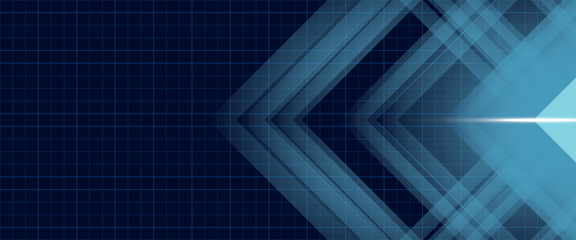 Abstract blue arrow glowing with lighting and line grid on blue background technology hi-tech concept