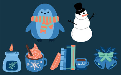 Winter cozy elements illustration with Christmas bell, candle, snowman, penguin, books, and hot cocoa