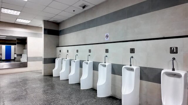Row of clean white urinal bowls lining a gray and white wall in a public men's toilet