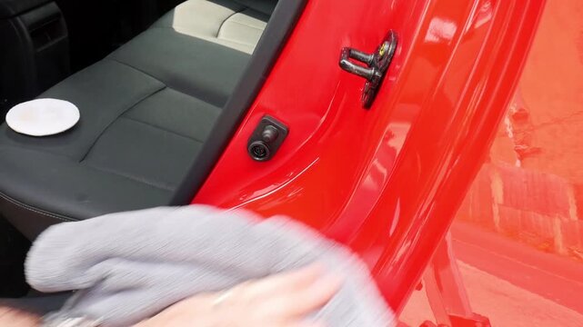 Close up removing polish from a door shut jamb on a red car with a grey microfibre towel