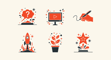 Fototapeta premium Set of Creative Process Icons - Idea, Video, Writing, Launch, Growth, Success.