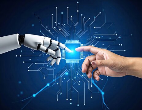 A robotic hand touches a human hand near a microchip, implying future integration