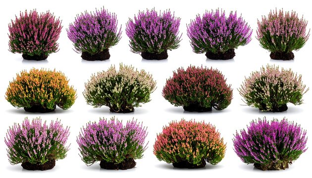Assortment of colorful heather plants, arranged in rows against a white backdrop