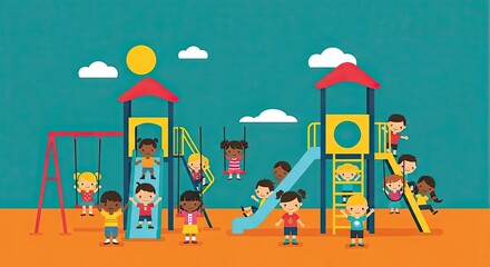 Illustration of a vibrant playground scene with diverse children enjoying various activities.