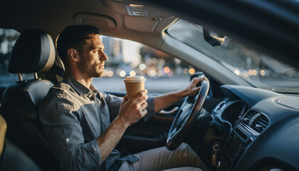 Man Driving Car and Holding Takeaway Coffee Cup during City Commute