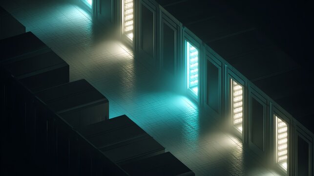 Futuristic Data Center Corridor with Glowing Server Racks