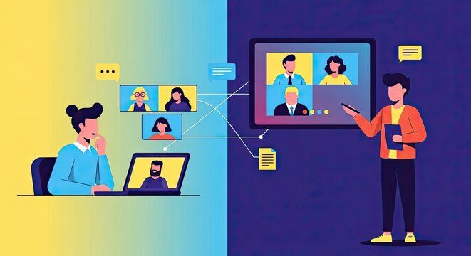 Illustration depicting a hybrid work environment with remote participants on laptops and a presenter in a meeting room with a large screen.