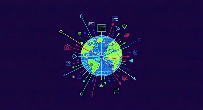 Illustration depicting a globe surrounded by various digital icons, symbolizing global connectivity and technology.