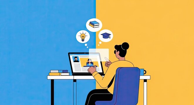 Illustration of a woman at a desk engaged in online learning with educational icons above her laptop.
