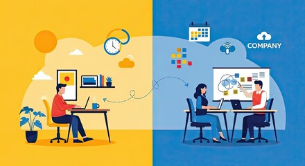 Illustration comparing remote work from home with collaborative in-office work environments.