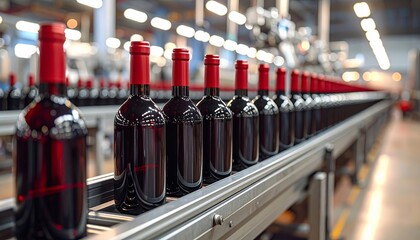 Bottled Red Wine Line Manufacturing Process at Winery with Industrial Automation.
