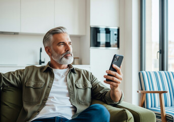 Mature man with grey beard using smartphone while relaxing on couch at home.