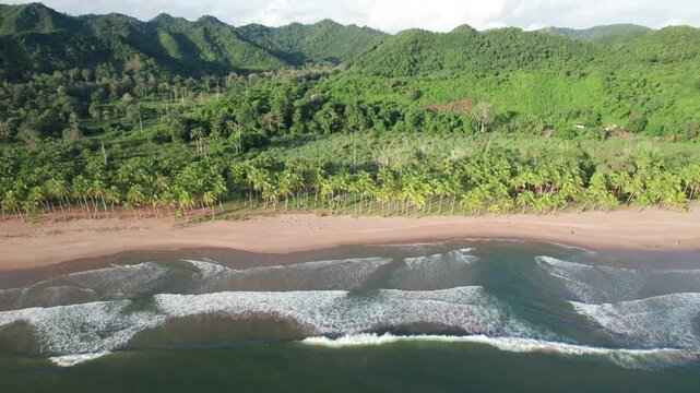 Aerial view of serene Puy Puy beachscape, lush green hills in Paria
