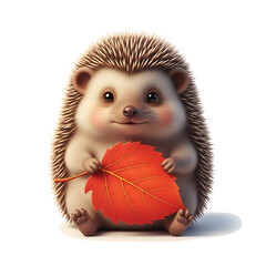 Naklejka premium Microstock Cute Slightly Shy Hedgehog Landak holding large perfect vibrant red orange autumn leaf daun musim gugur sign, isolated transparent background, png