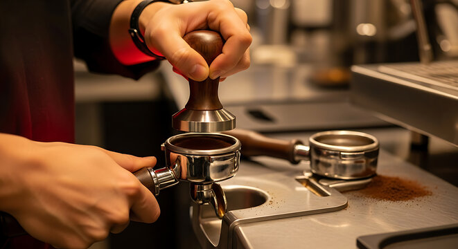 Barista's hands tamping freshly ground coffee into a portafilter, preparing for espresso in a professional cafe setting - Powered by Adobe