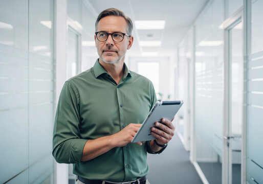 Middle-aged businessman with glasses holding a tablet in a modern office hallway.