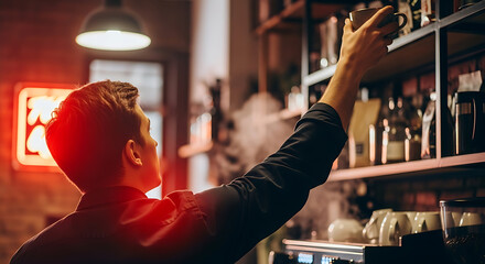 Man reaching for coffee cup in trendy cafe with warm neon glow