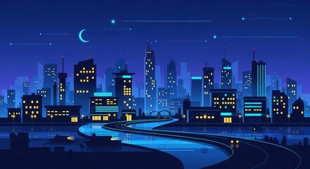 Glowing urban skyline reflects brightly on a dark river under a crescent moon night