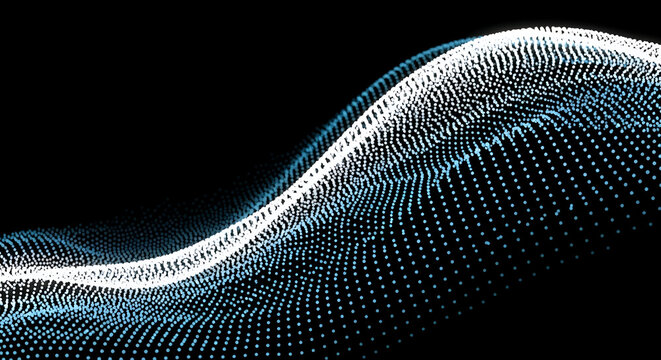 Abstract wave pattern of light dots flowing with dynamic rhythm on black backdrop
