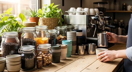 Coffee preparation at a cafe counter with fresh ingredients, plants, and reusable cups