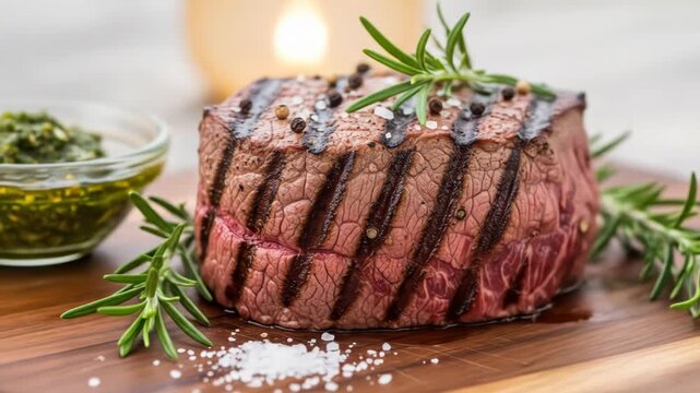 Seared filet mignon steak seasoned with rosemary, salt, pepper, sauce