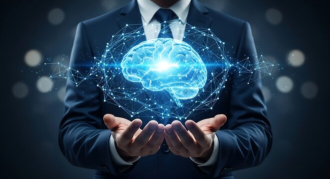 Brilliant mind concept presented by professional businessman, showcasing innovation and intelligence, ideal for technology, science, or modern business solutions