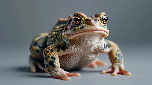 A detailed studio portrait of a common toad with textured skin and large eyes, looking directly forward against a plain grey background.