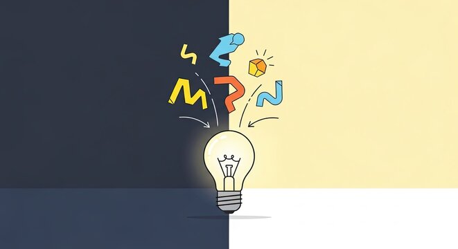 Creative illustration of a glowing lightbulb with colorful symbols and shapes, representing ideas.