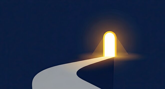 A glowing doorway at the end of a path in the dark.