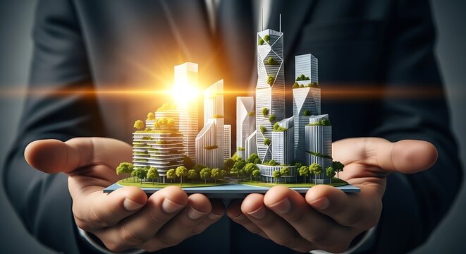 Imagine a sustainable city of the future held in your hands, showcasing innovative green architecture and urban design for a healthier tomorrow