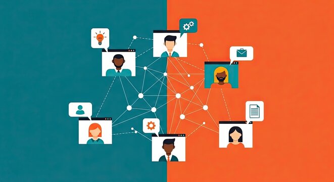 Illustration of networked people on screens, connected by lines. - Powered by Adobe