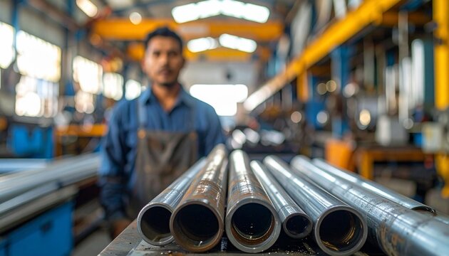Confident industrial worker in factory with metal pipes with ready to start.
