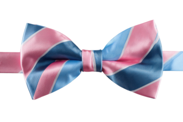 Striped silk bow tie in blue and pink on transparent background