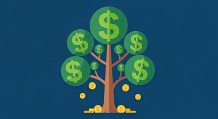 Illustration of a money tree with dollar signs as leaves and coins at the base, representing financial growth.