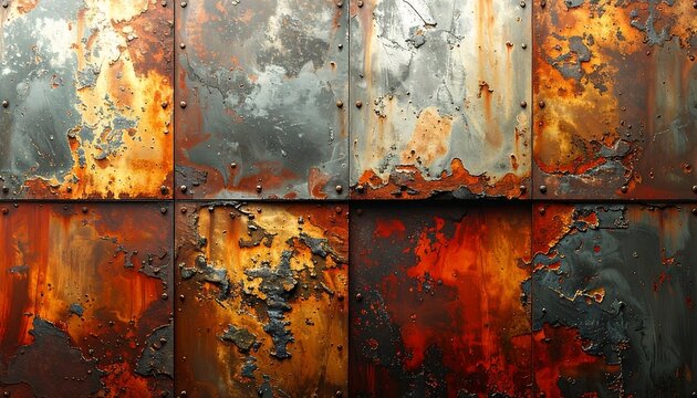 Close-up of corroded, riveted metal panels with vibrant orange and brown rust