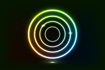 Glowing neon rings in a gradient of green, yellow, and blue against a black background. Abstract, futuristic, and vibrant design.