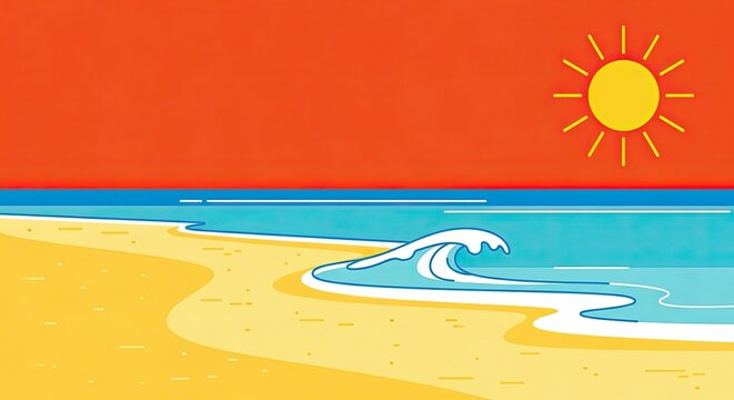A vibrant cartoon illustration of a sunny beach with a bright orange sky and a rolling wave.