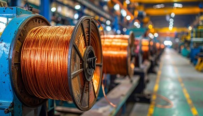 Copper wire spools in industrial plant with electrical cable manufacturing process.