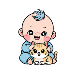 Cute cartoon illustration of a smiling baby girl and a kitten with a toy