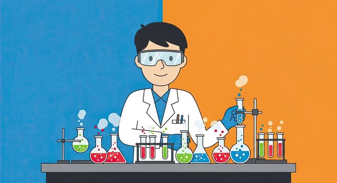 A scientist in a lab coat and goggles conducts an experiment with colorful liquids in beakers and test tubes.