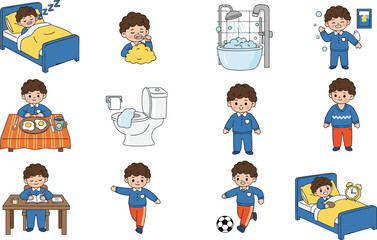 Cartoon child daily routine, morning hygiene, breakfast, school prep, playtime, bedtime, educational sequence, kids activities, lifestyle, healthy habits, schedule