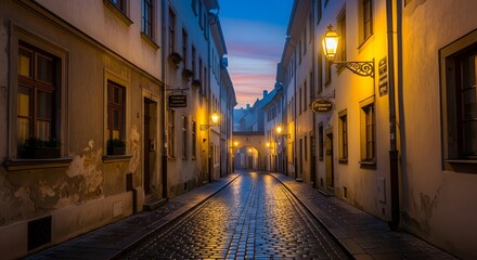 Fototapeta premium Ancient european cobblestone street with lanterns at twilight