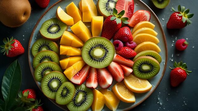 A vibrant and colorful platter showcasing an assortment of freshly sliced fruits arranged in an appealing circular pattern, including kiwi, mango, strawberries, and lemon.