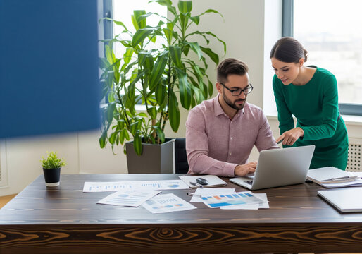 Two colleagues collaborating on a project using a laptop in a modern office setting.