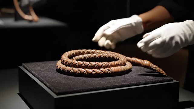 Curator wearing white gloves carefully places an ancient braided leather whip on a dark display stand in a museum exhibit.