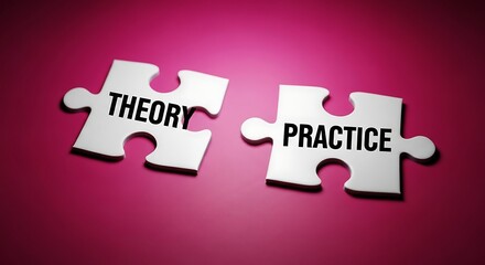 Theory and practice concept with puzzle pieces on a pink background